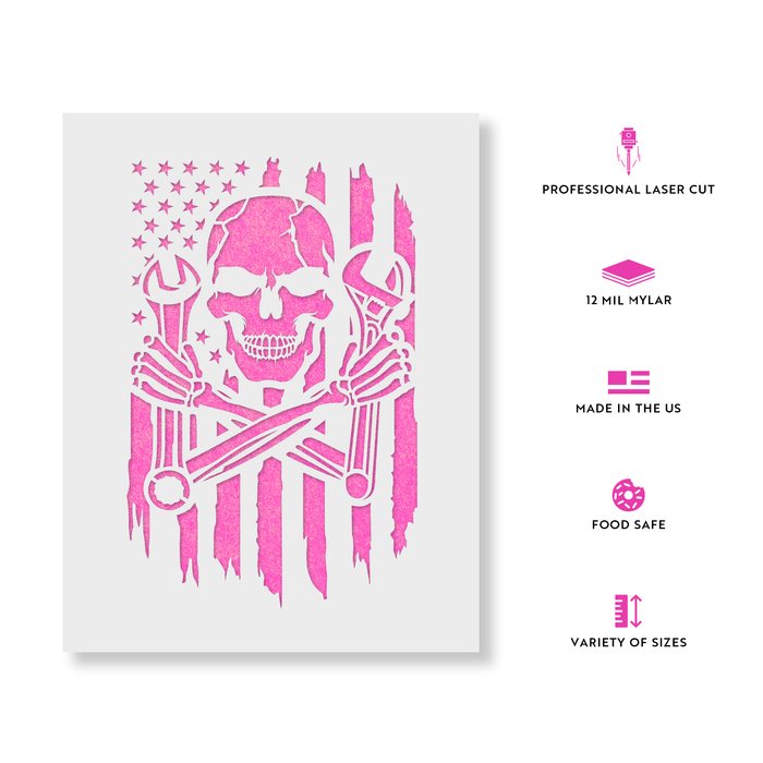 Skull Mechanic American Flag Stencil